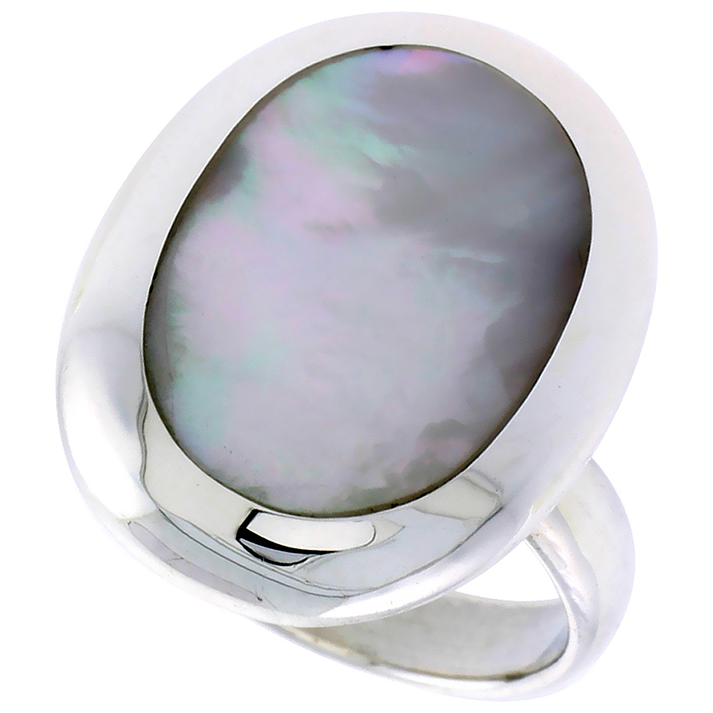 STERLING SILVER RING, W/ 17 X 13 MM OVAL-SHAPED MOTHER OF PEARL, 7/8 INCH (22 MM) WIDE