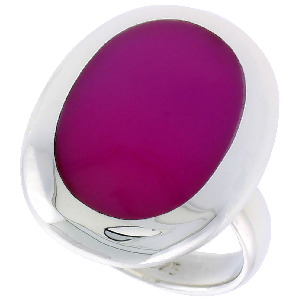 STERLING SILVER RING, W/ 17 X 13 MM OVAL-SHAPED PURPLE RESIN, 7/8 INCH (22 MM) WIDE