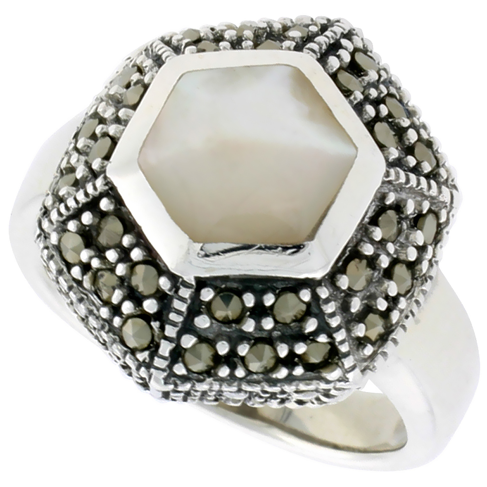 STERLING SILVER RING, W/ HEXAGON-SHAPED MOTHER OF PEARL, 3/4 INCH (18 MM) WIDE