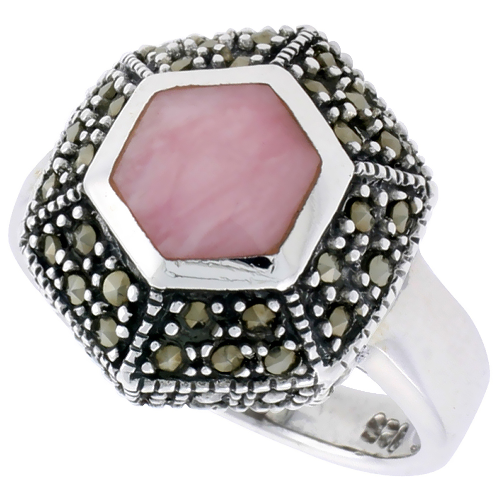 STERLING SILVER RING, W/ HEXAGON-SHAPED PINK MOTHER OF PEARL, 3/4 INCH (18 MM) WIDE