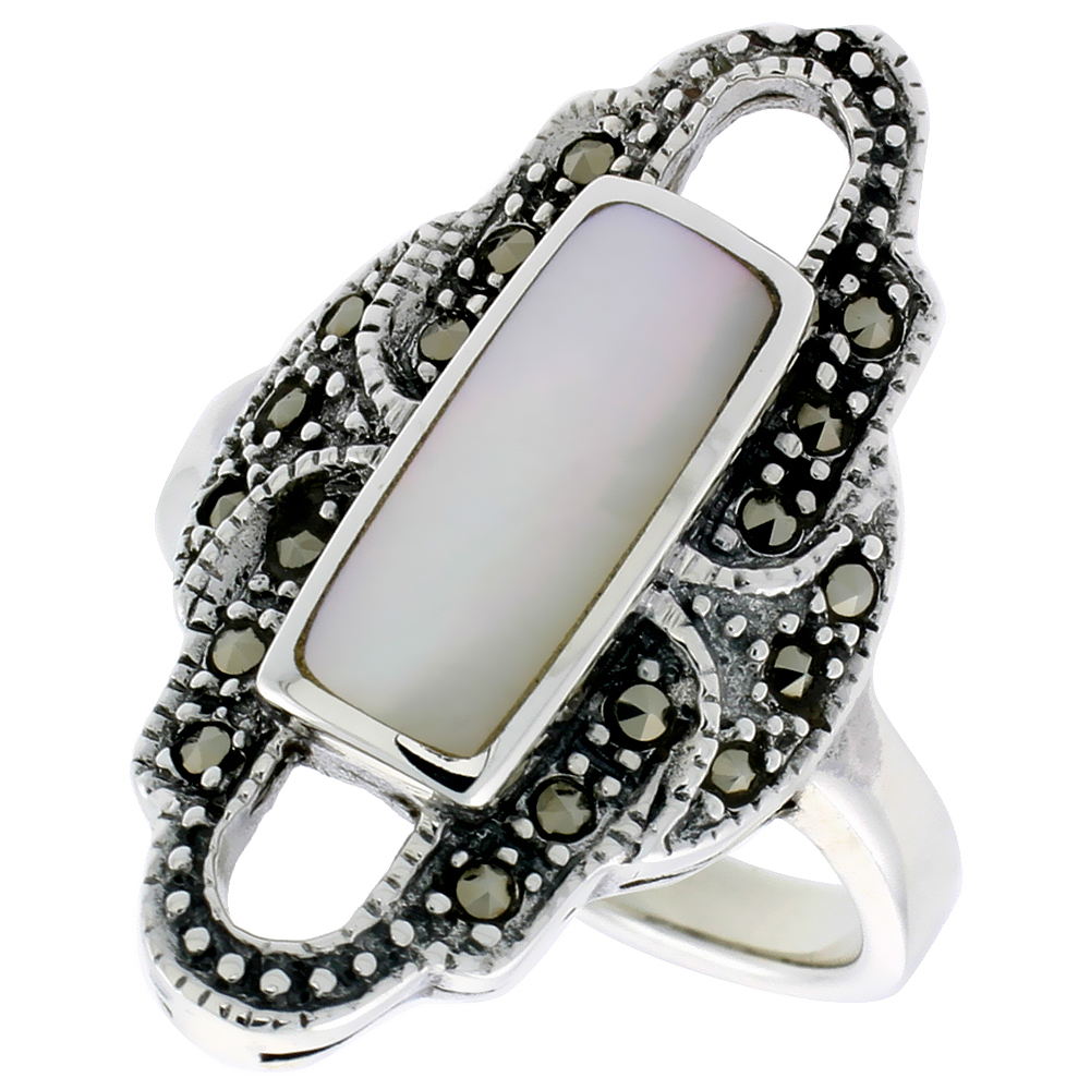 STERLING SILVER RING, W/ 14 X 6 MM RECTANGULAR MOTHER OF PEARL, 1 1/8 INCH (29 MM) WIDE