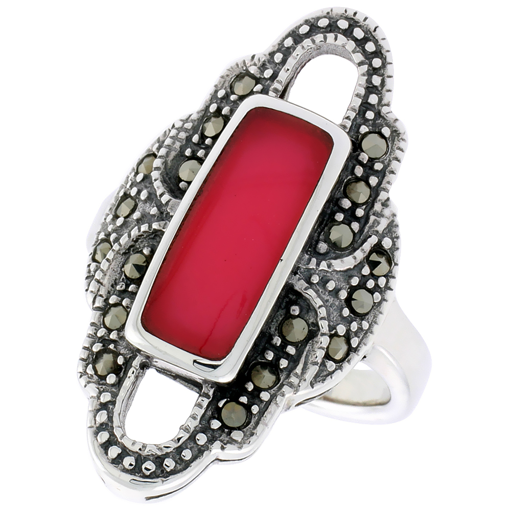 STERLING SILVER RING, W/ 14 X 6 MM RECTANGULAR RED RESIN, 1 1/8 INCH (29 MM) WIDE