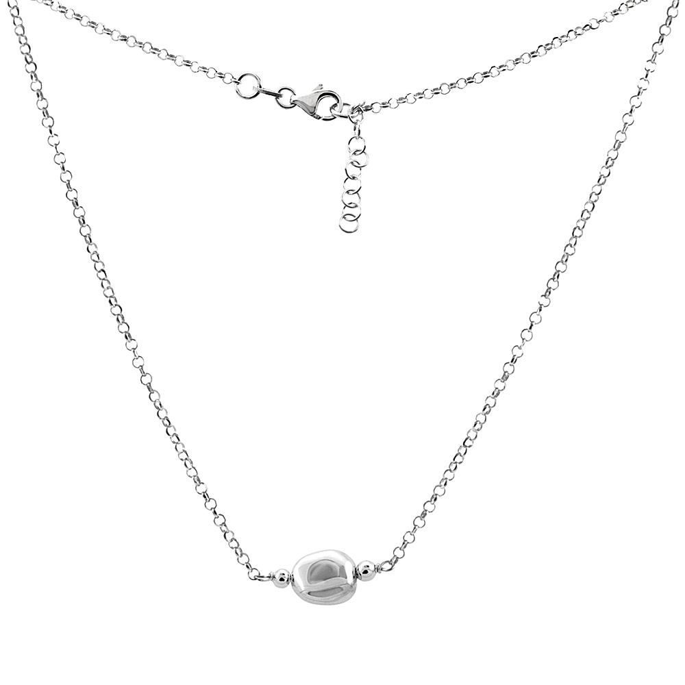 STERLING SILVER SINGLE FLAT MIRROR BEAD NECKLACE, 16 INCH LONG + 1 INCH EXTENSION
