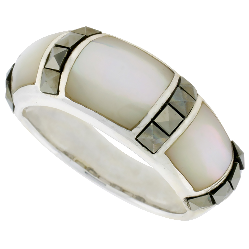 STERLING SILVER DOME RING W/ MOTHER OF PEARL, 5/16 INCH (9 MM) WIDE