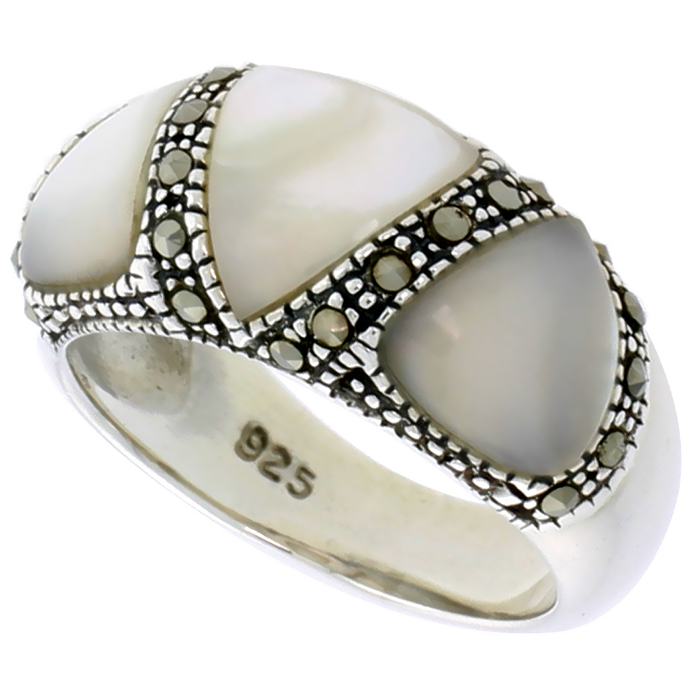 STERLING SILVER RING, W/ 3 TRIANGULAR MOTHER OF PEARLS, 3/8 INCH (10 MM) WIDE