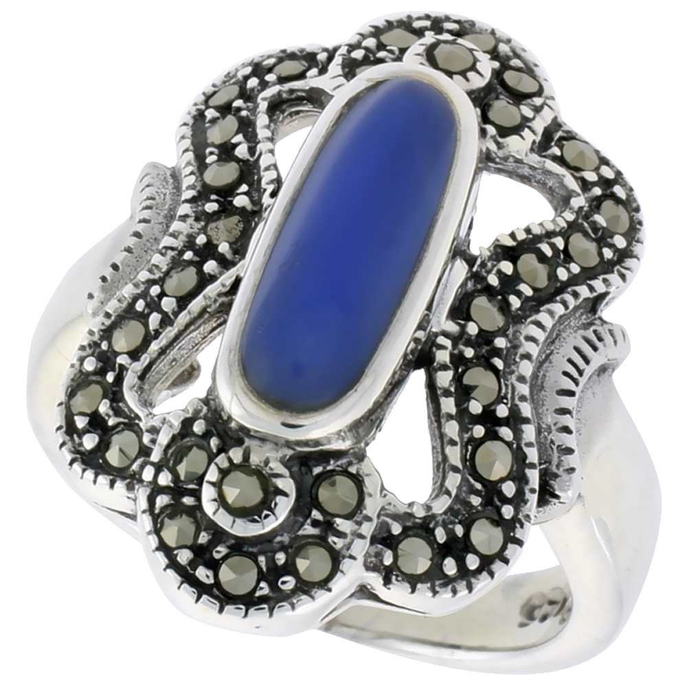 STERLING SILVER RING, W/ 12 X 5 OVAL-SHAPED BLUE RESIN, 7/8 INCH (23 MM) WIDE