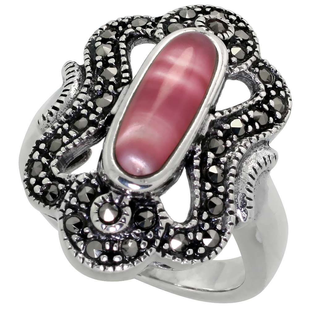 STERLING SILVER RING, W/ 12 X 5 OVAL-SHAPED PINK MOTHER OF PEARL, 7/8 INCH (23 MM) WIDE