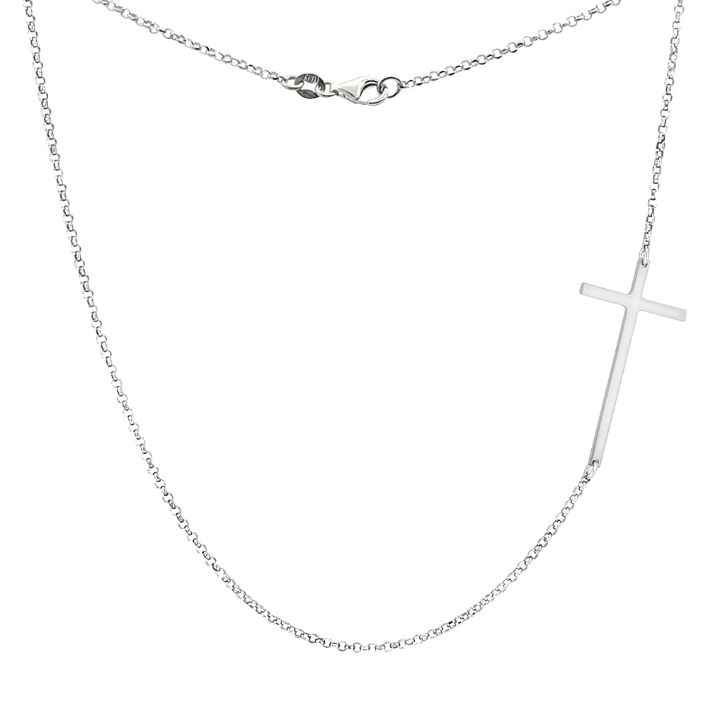 Sterling Silver Sideways Cross Necklace Rhodium Finish Italy, 17.5 inch long