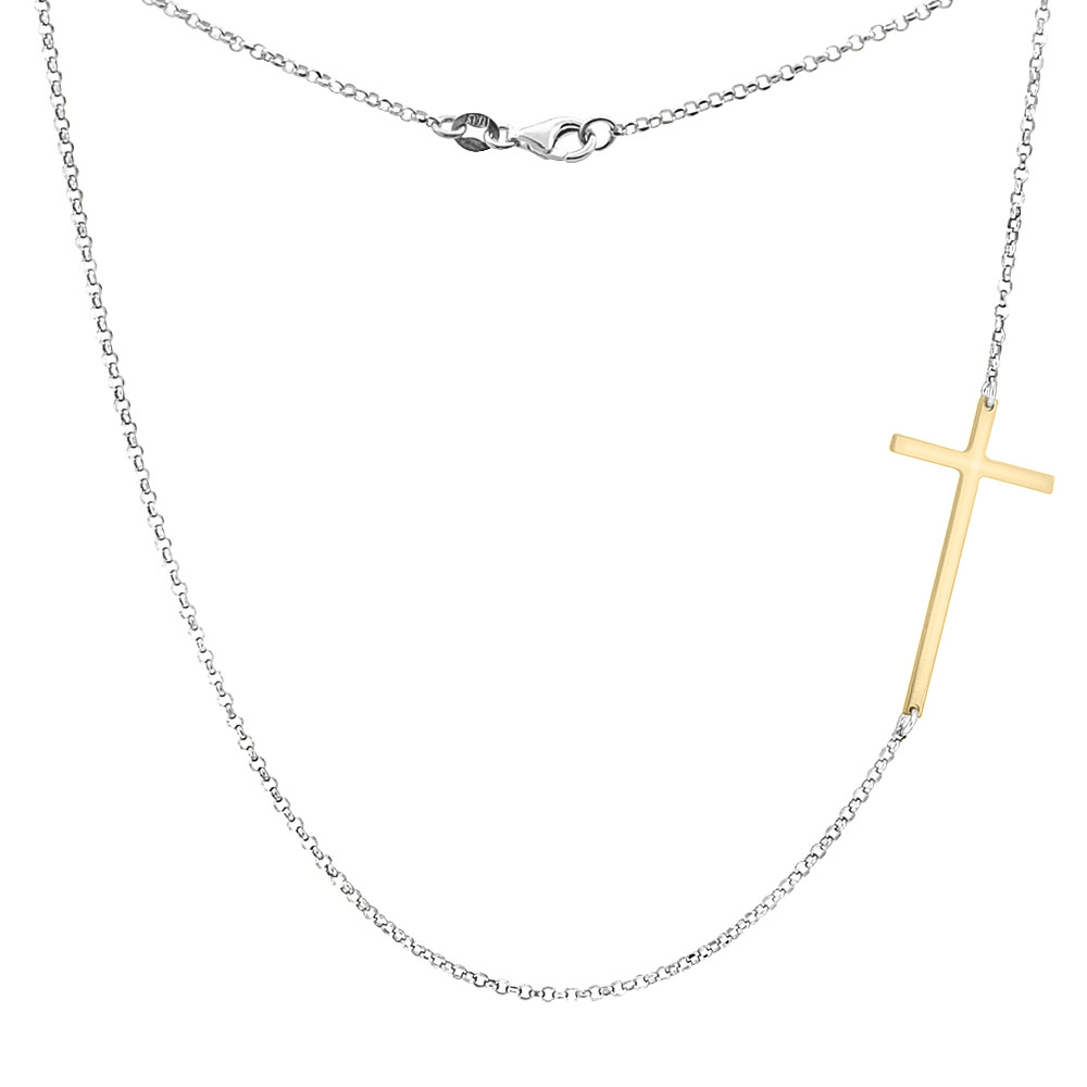 STERLING SILVER SIDEWAYS CROSS NECKLACE TWO-TONE GOLD FINISH ITALY, 17.5 INCH LONG