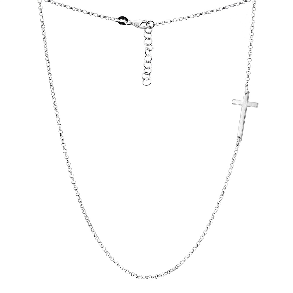 STERLING SILVER SMALL SIDEWAYS CROSS NECKLACE RHODIUM FINISH ITALY, 17.5 INCH LONG
