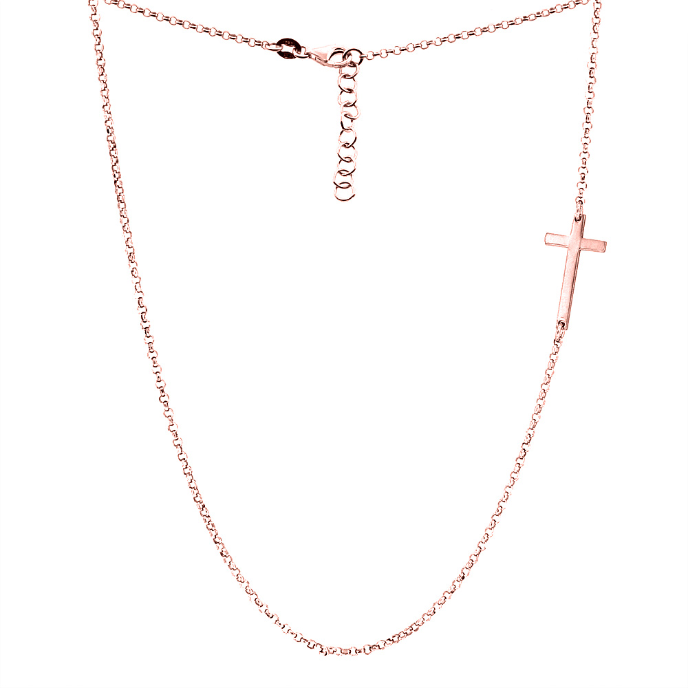 Sterling Silver Small Sideways Cross Necklace Two-tone Rose Gold Finish Italy, 17.5 inch long