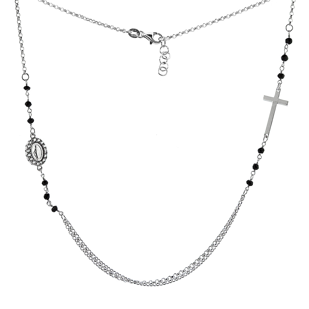 STERLING SILVER MIRACULOUS MEDAL & CROSS NECKLACE FACETED BLACK SPINEL CUBIC ZIRCONIA RHODIUM FINISH,