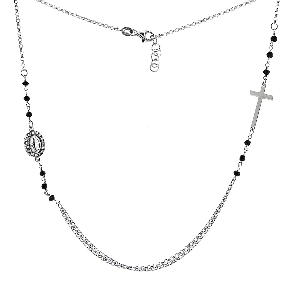 Sterling Silver Miraculous Medal & Cross Necklace Faceted Black Spinel Cubic Zirconia Rhodium Finish,