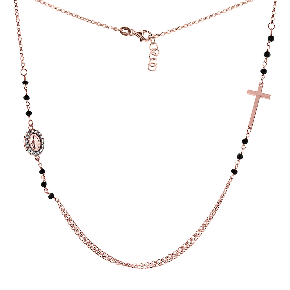 STERLING SILVER MIRACULOUS MEDAL & CROSS NECKLACE FACETED BLACK SPINEL CUBIC ZIRCONIA ROSE GOLD FINISH,
