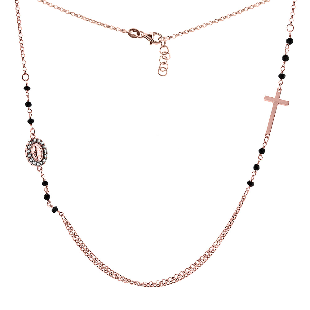 Sterling Silver Miraculous Medal &amp; Cross Necklace Faceted Black Spinel Cubic Zirconia Rose Gold Finish,