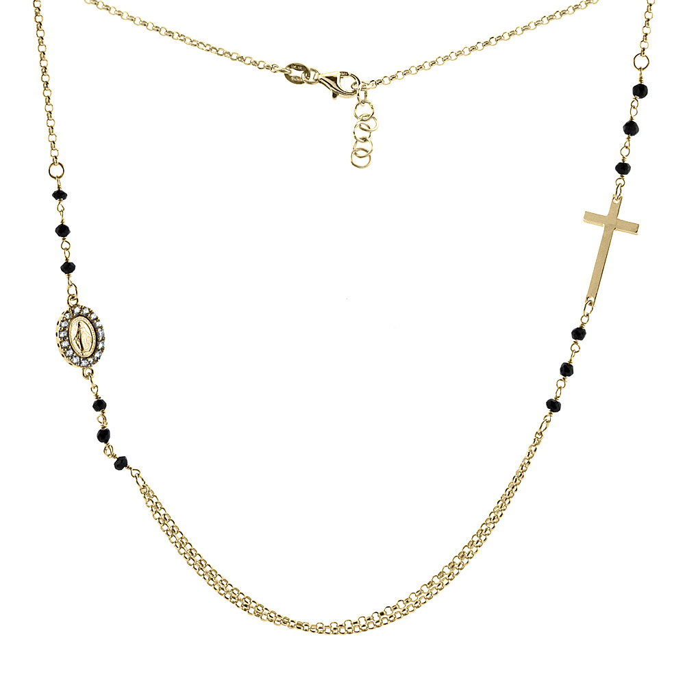 STERLING SILVER MIRACULOUS MEDAL & CROSS NECKLACE FACETED BLACK SPINEL CUBIC ZIRCONIA YELLOW GOLD FINISH,