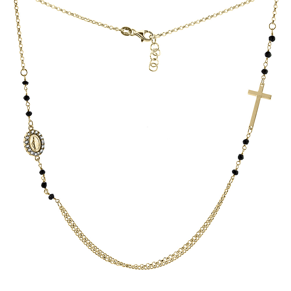 Sterling Silver Miraculous Medal &amp; Cross Necklace Faceted Black Spinel Cubic Zirconia Yellow Gold Finish,