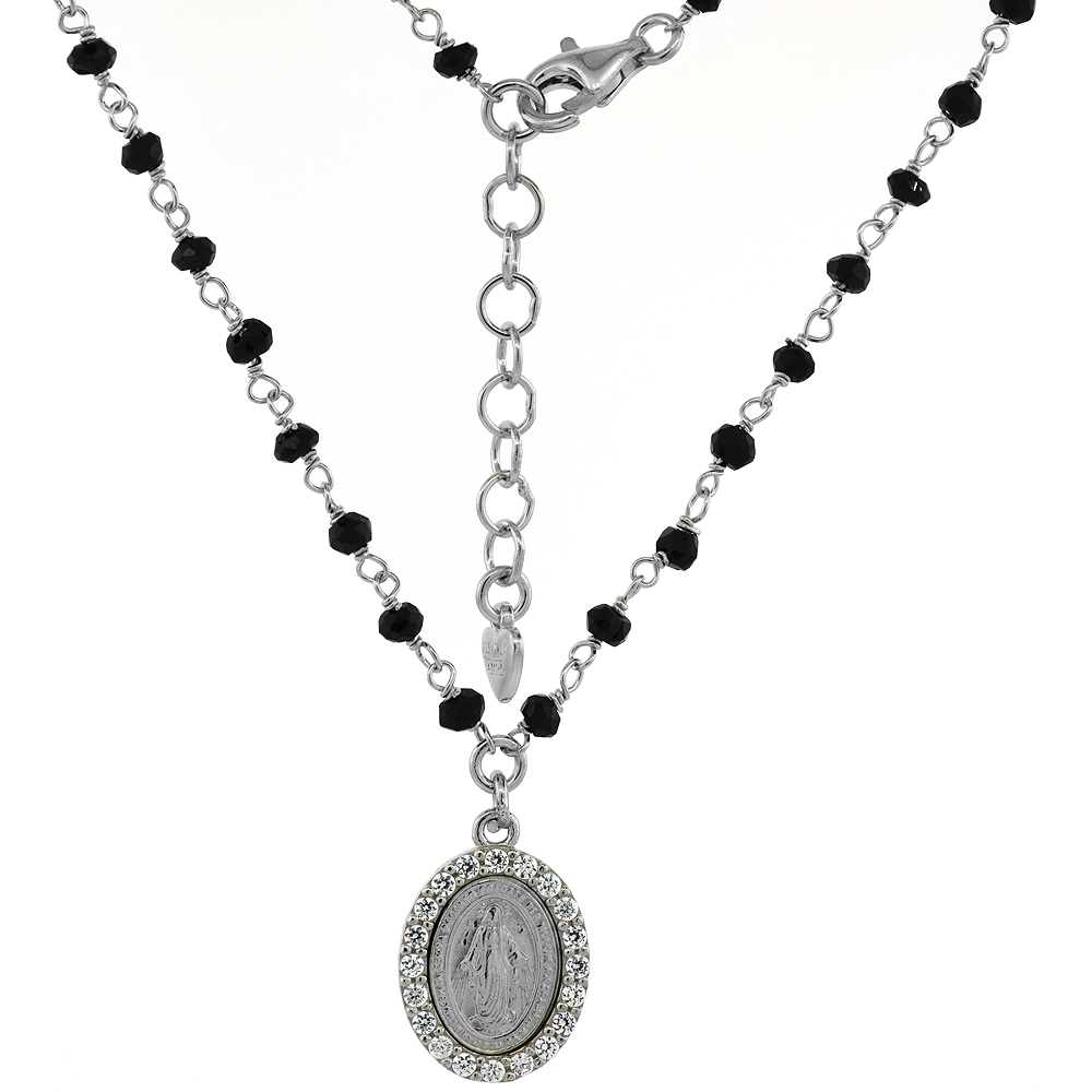 STERLING SILVER MIRACULOUS MEDAL NECKLACE FACETED BLACK SPINEL BEADS & CZ RHODIUM, 16-17 INCH