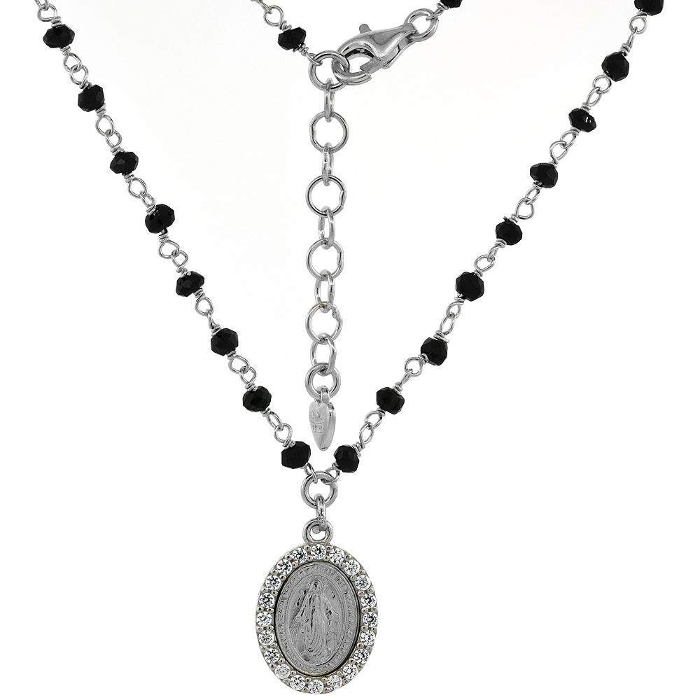 Sterling Silver Miraculous Medal Necklace Faceted Black Spinel Beads & CZ Rhodium, 16-17 inch