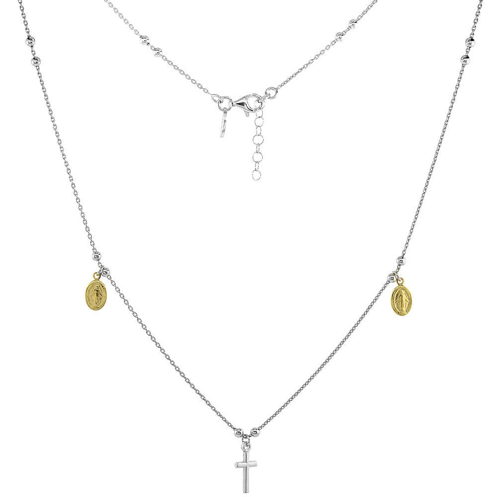 Sterling Silver Miraculous Medal & Cross Necklace Two-tone Gold Accents, 16 - 17 inch