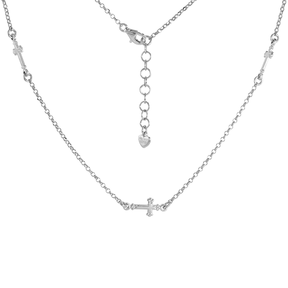 Sterling Silver Tiny Sideways Cross Necklace and Bracelet Rhodium Finish Italy 3/4 inch