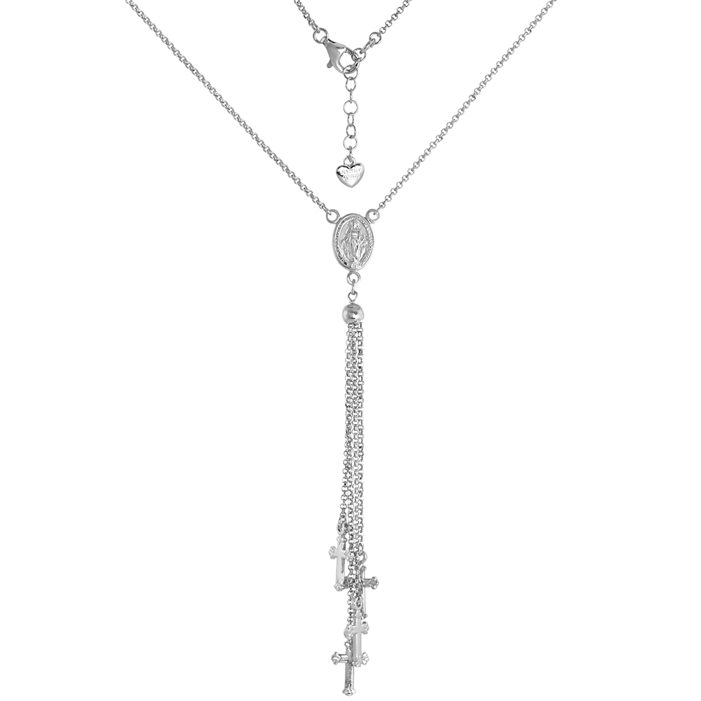 STERLING SILVER TINY CROSS & MIRACULOUS MEDAL NECKLACE AND BRACELET RHODIUM FINISH ITALY 3/4 INCH