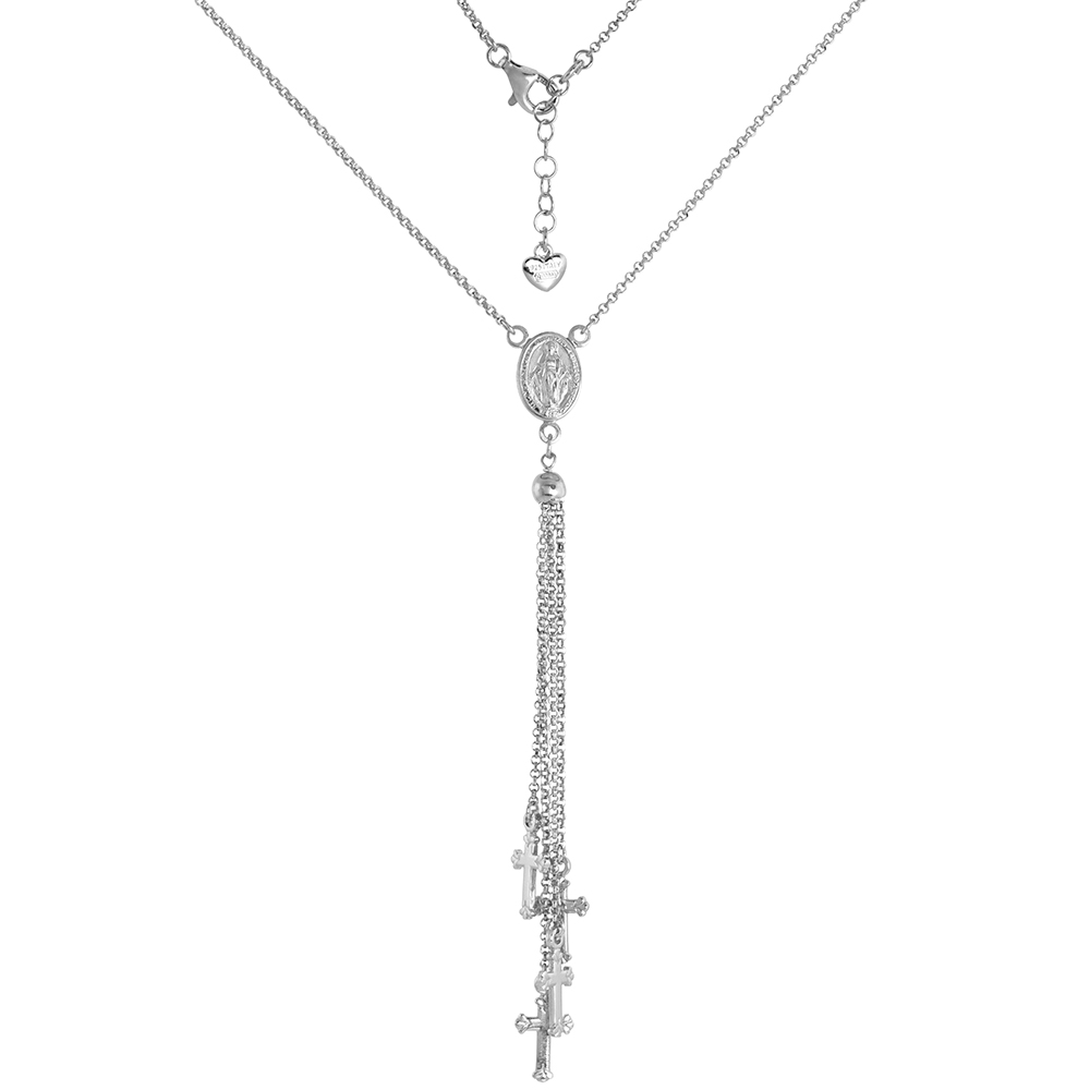 Sterling Silver Tiny Cross & Miraculous Medal Necklace and Bracelet Rhodium Finish Italy 3/4 inch