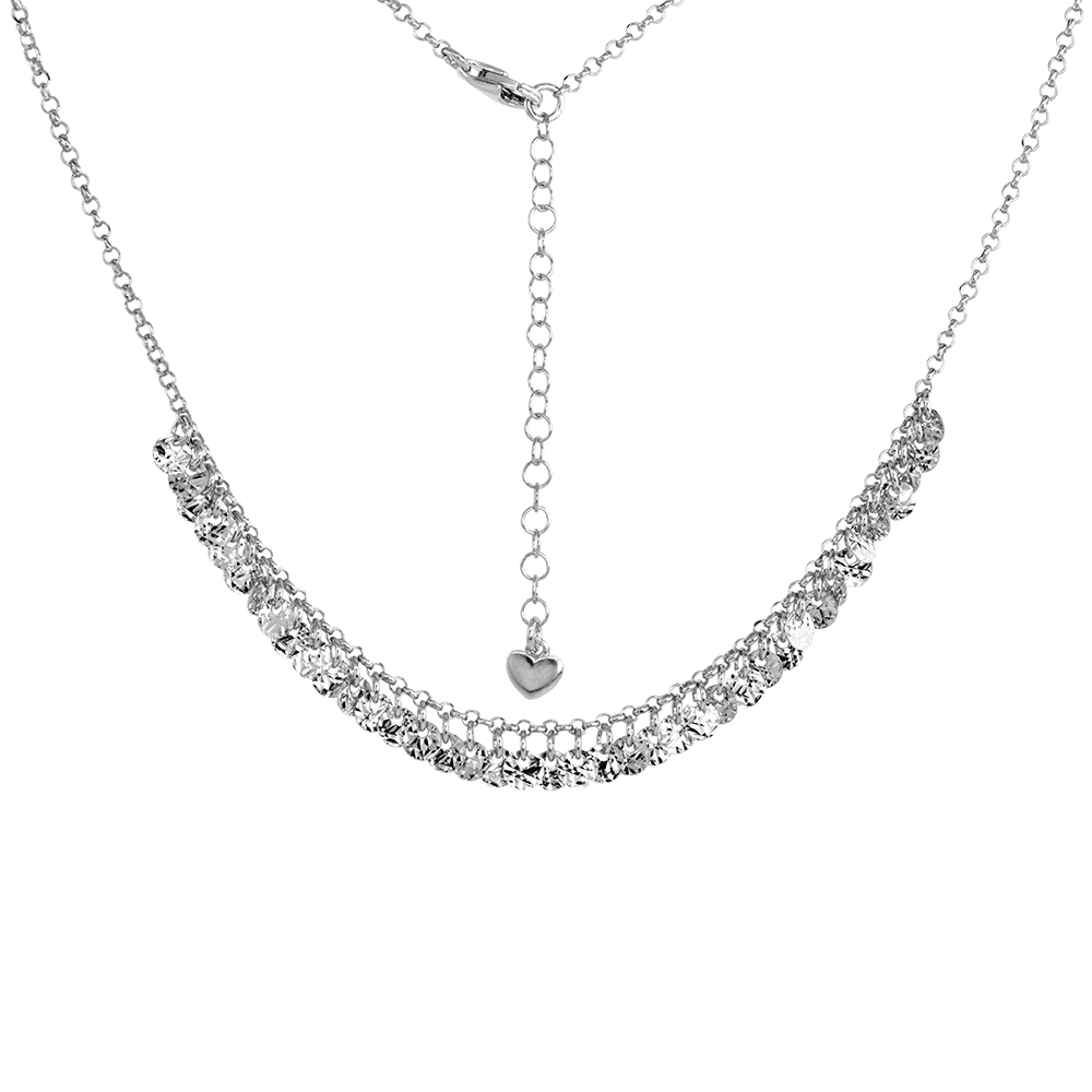 STERLING SILVER CHOKER NECKLACE FOR WOMEN DANGLING DIAMOND CUT CIRCLES RHODIUM 13-15 INCH