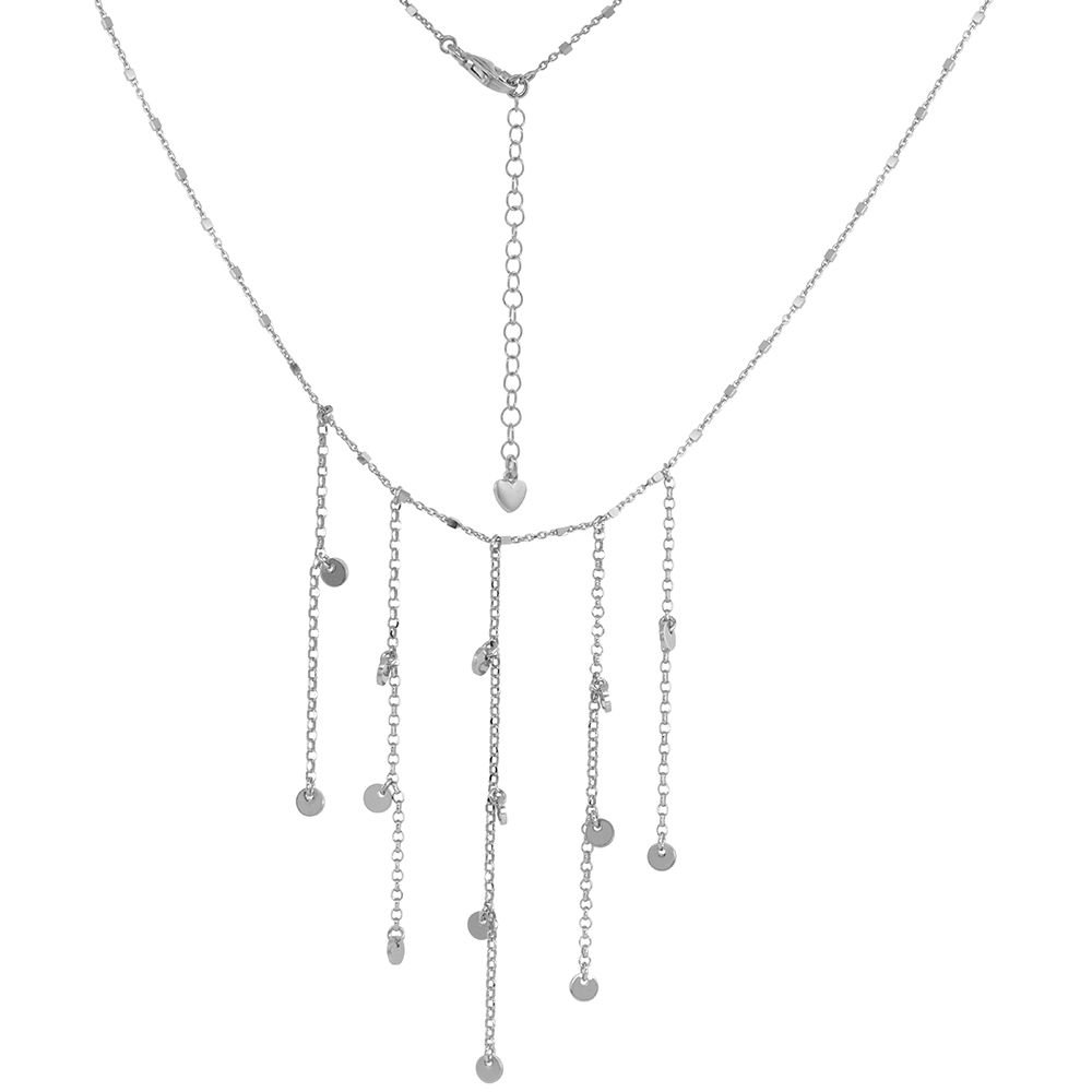 STERLING SILVER DRAPING NECKLACE FOR WOMEN WITH DANGLING CIRCLES RHODIUM ITALY 16-18 INCH