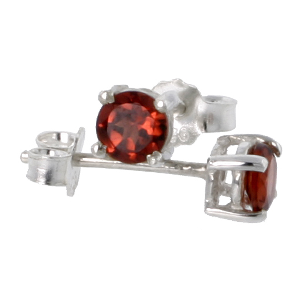JANUARY BIRTHSTONE, NATURAL GARNET 1/4 CARAT (4 MM) SIZE BRILLIANT CUT STUD EARRINGS IN STERLING SILVER BASKET SETTING