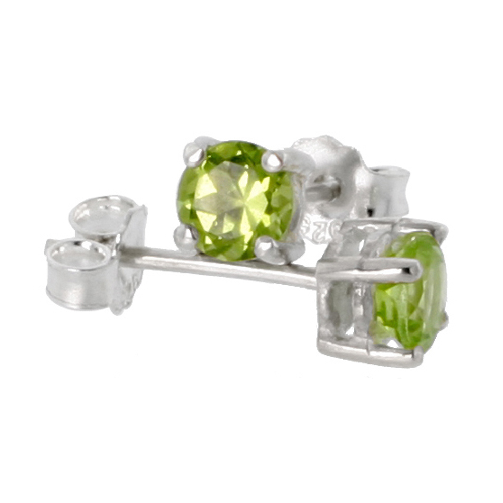 AUGUST BIRTHSTONE, NATURAL PERIDOT 1/4 CARAT (4 MM) SIZE BRILLIANT CUT STUD EARRINGS IN STERLING SILVER BASKET SETTING