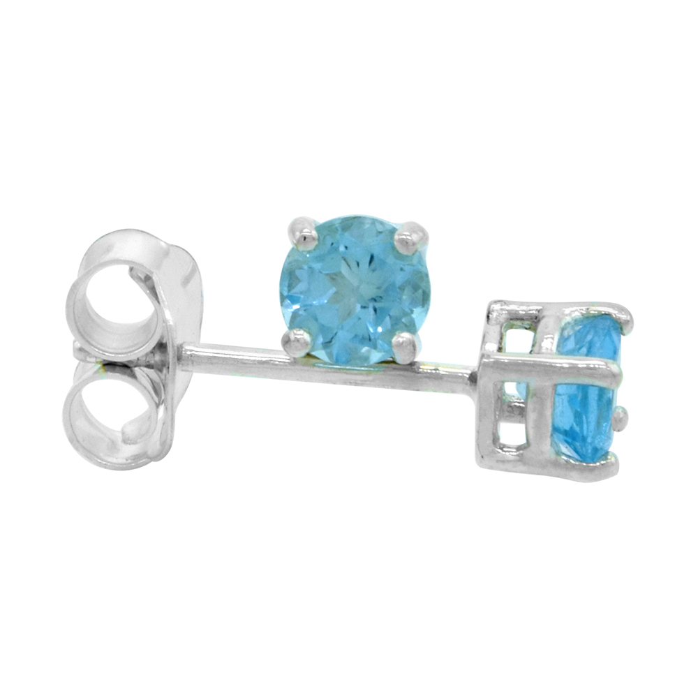 DECEMBER BIRTHSTONE, NATURAL BLUE TOPAZ 1/4 CARAT (4 MM) SIZE BRILLIANT CUT STUD EARRINGS IN STERLING SILVER BASKET SETTING