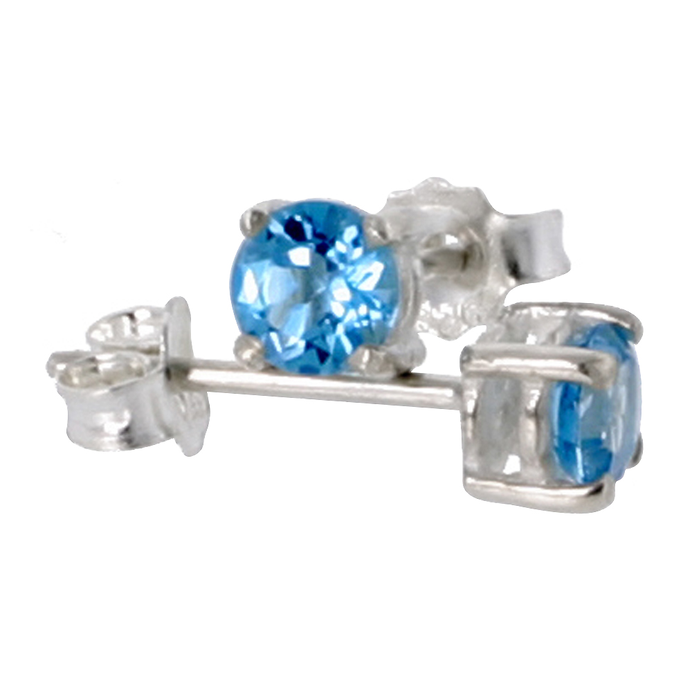 December Birthstone, Natural Blue Topaz 1/4 Carat (4 mm) Size Brilliant Cut Stud Earrings in Sterling Silver Basket Setting