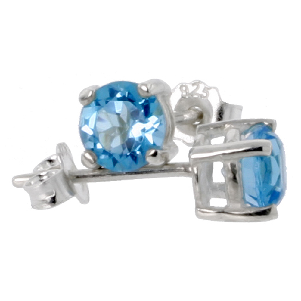 December Birthstone, Natural Blue Topaz 1/2 Carat (5 mm) Size Brilliant Cut Stud Earrings in Sterling Silver Basket Setting