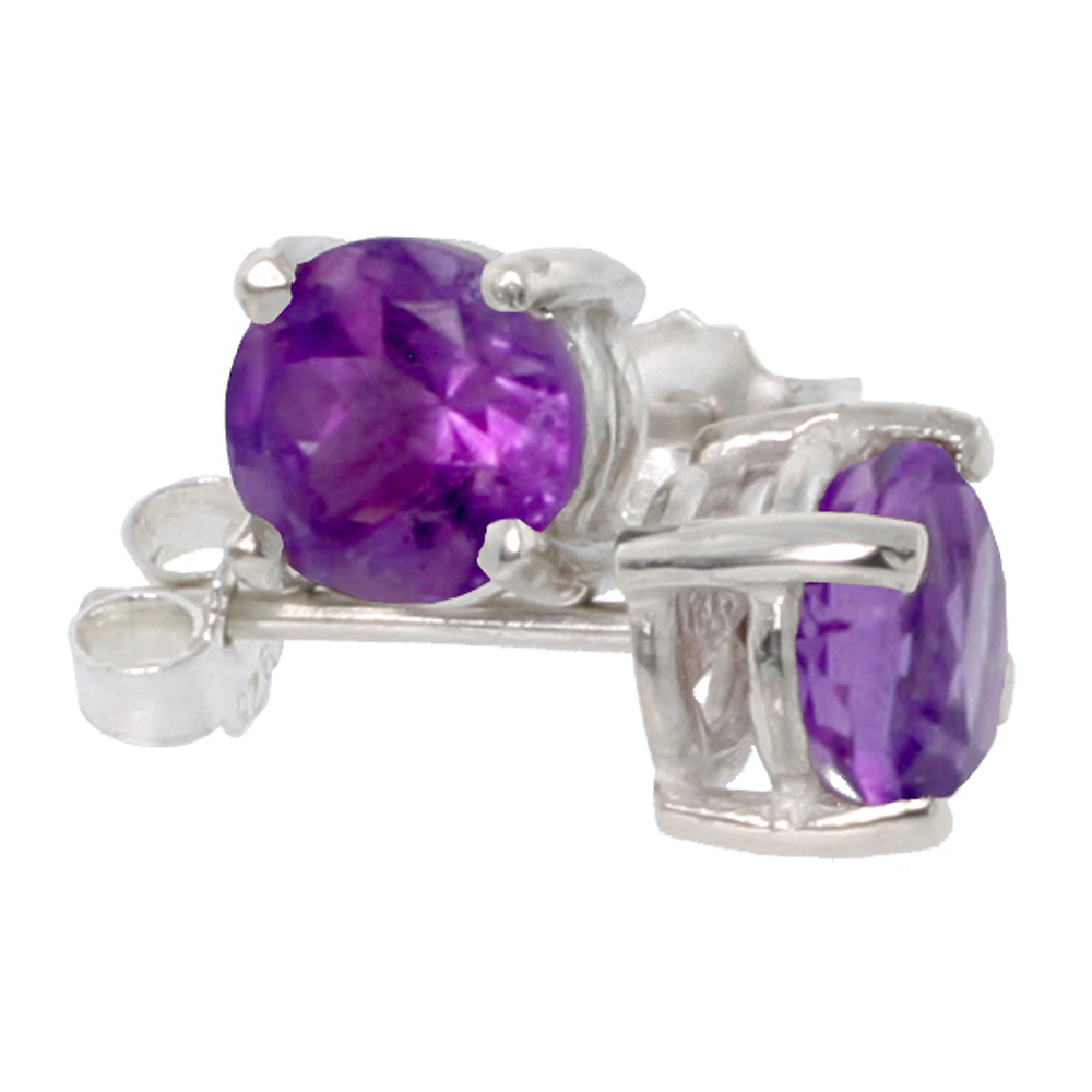 FEBRUARY BIRTHSTONE, NATURAL AMETHYST 1 CARAT (6 MM) SIZE BRILLIANT CUT STUD EARRINGS IN STERLING SILVER BASKET SETTING