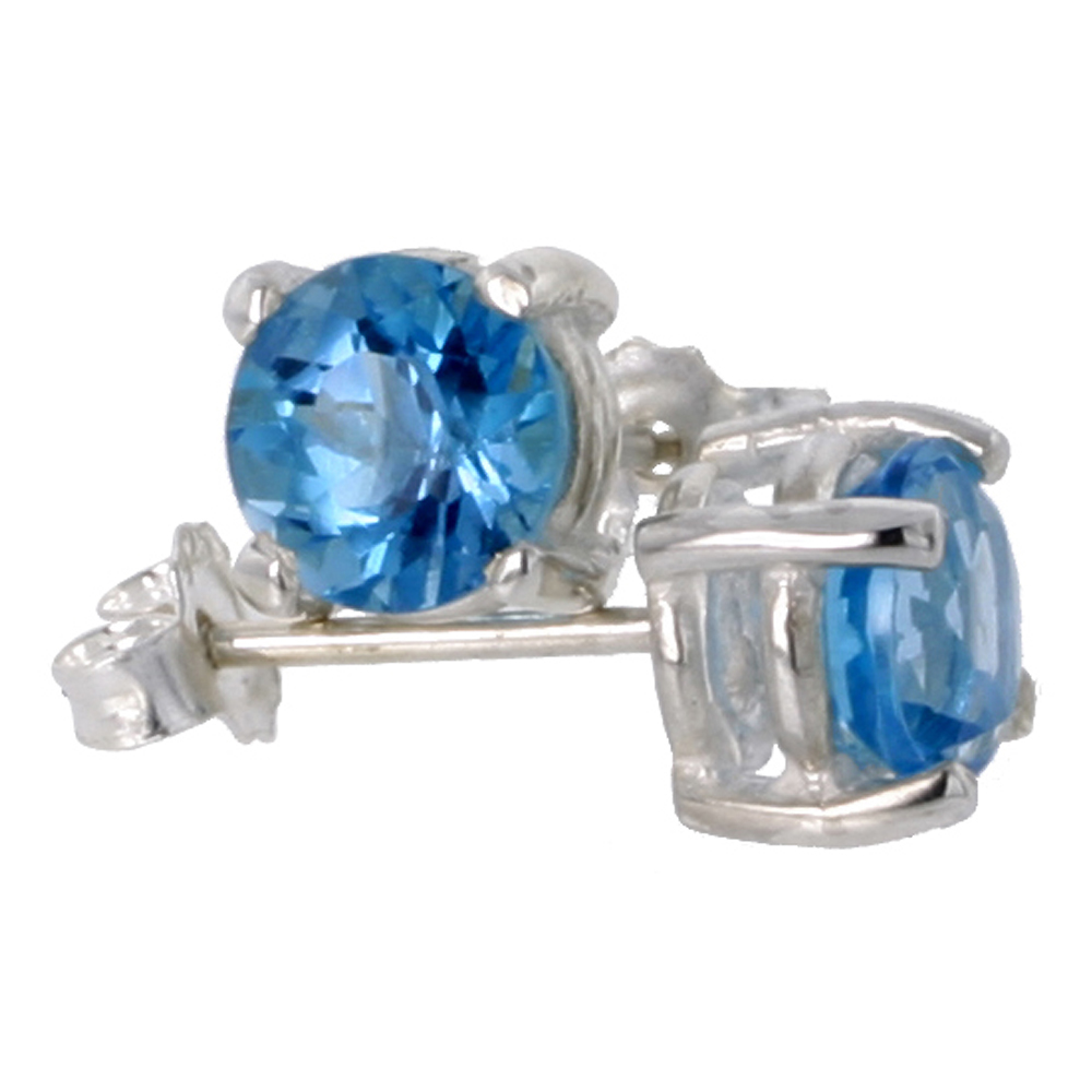December Birthstone, Natural Blue Topaz 1 Carat (6 mm) Size Brilliant Cut Stud Earrings in Sterling Silver Basket Setting