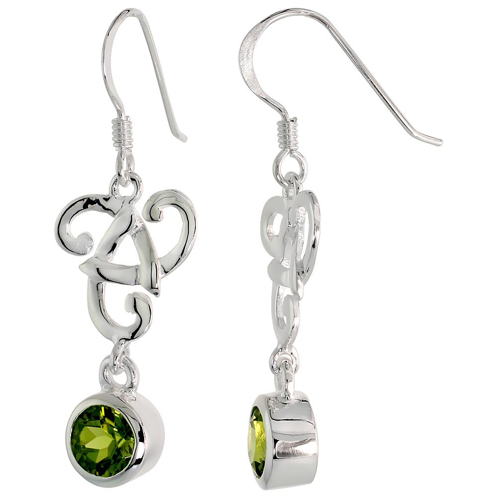 STERLING SILVER GENUINE PERIDOT TRIQUETRA EARRINGS CELTIC TRINITY KNOT, 1 1/2 INCH