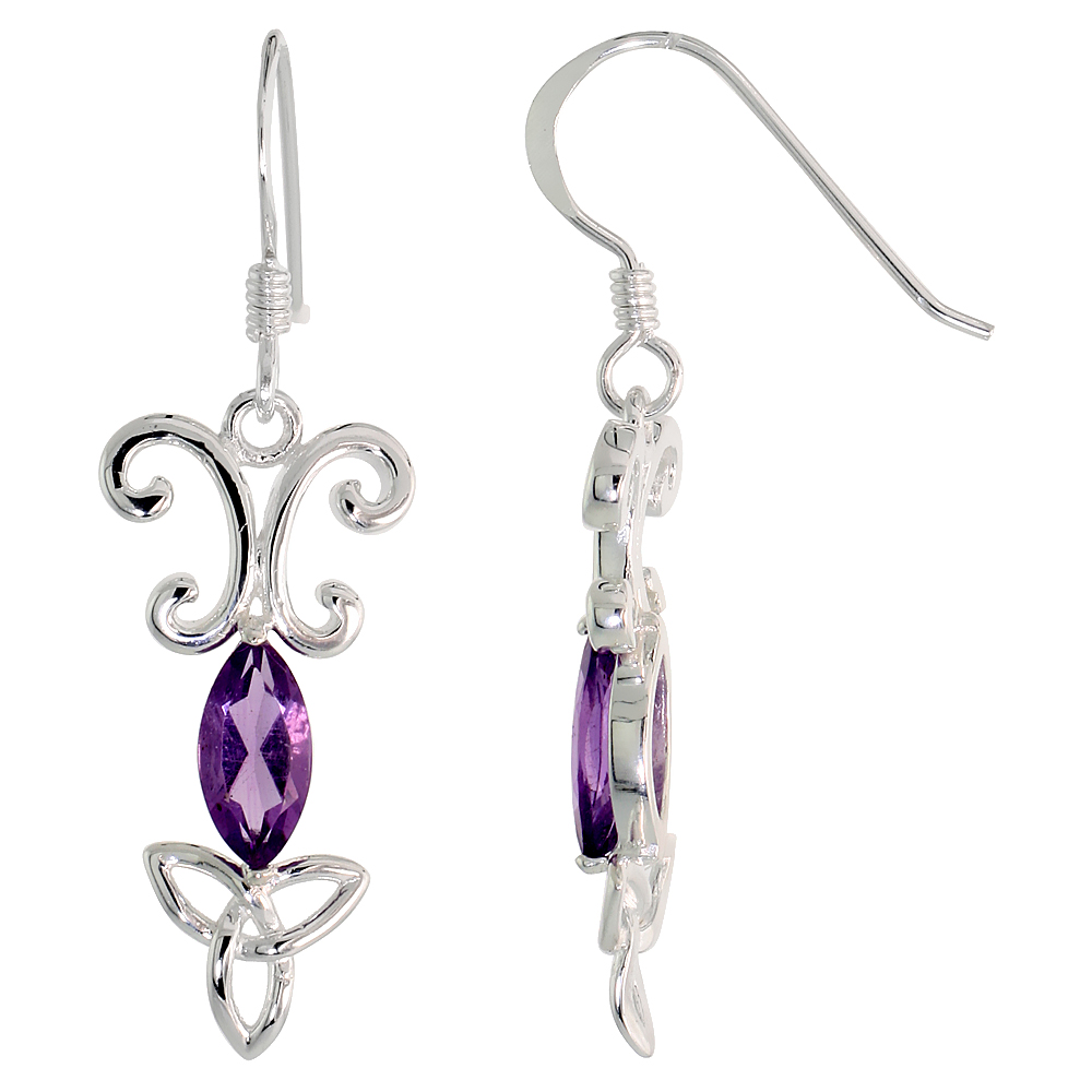 STERLING SILVER GENUINE AMETHYST TRIQUETRA EARRINGS CELTIC TRINITY KNOT, 1 3/8 INCH