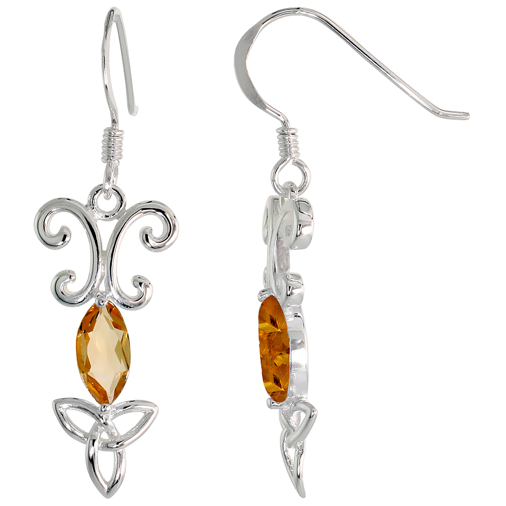 STERLING SILVER GENUINE CITRINE TRIQUETRA EARRINGS CELTIC TRINITY KNOT, 1 3/8 INCH