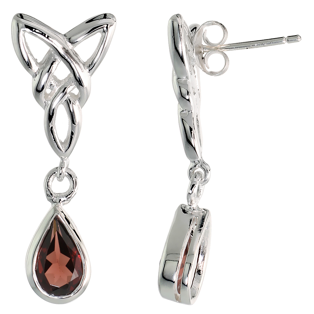 STERLING SILVER GENUINE GARNET TRIQUETRA EARRINGS CELTIC TRINITY KNOT TEARDROP, 1 1/4 INCH