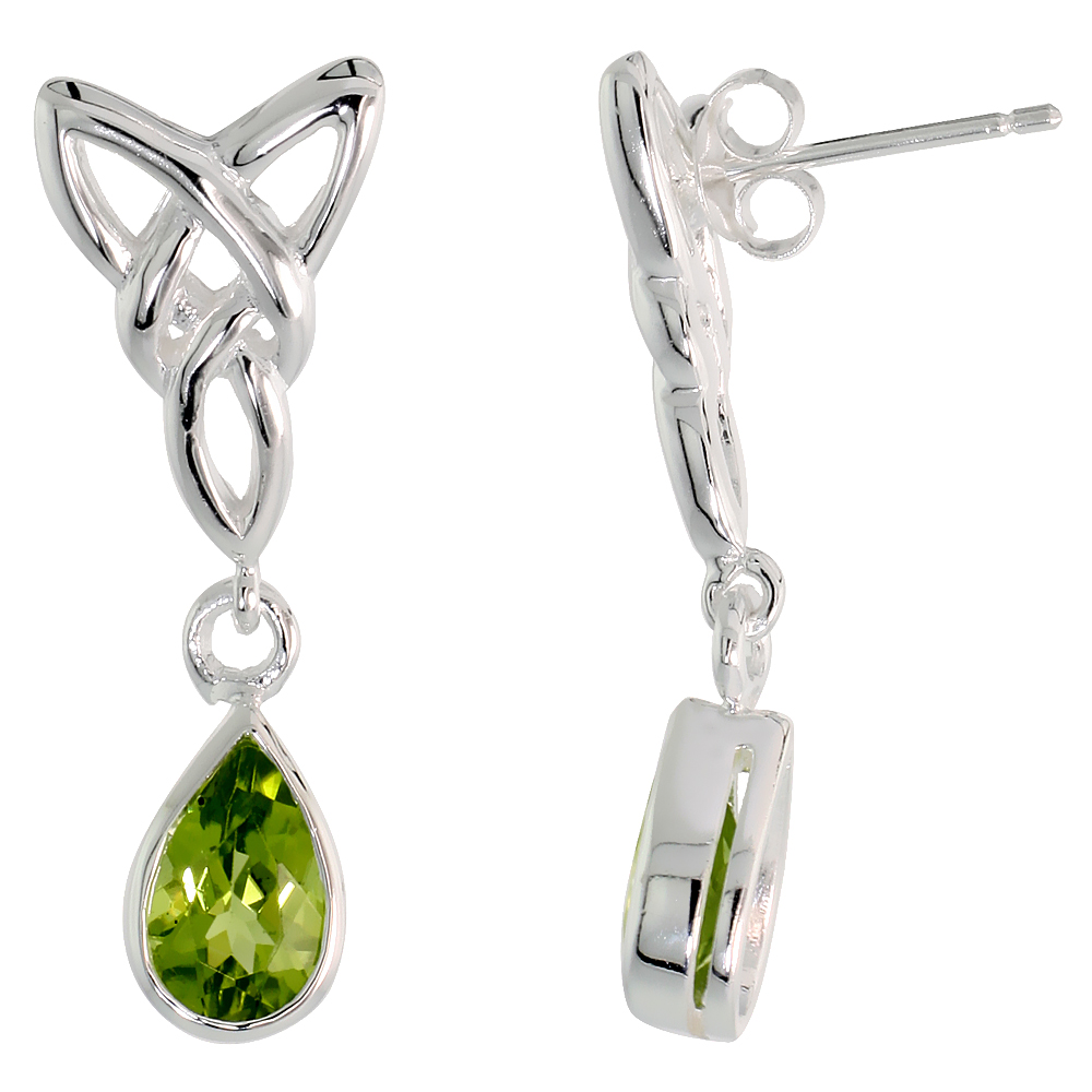 STERLING SILVER GENUINE PERIDOT TRIQUETRA EARRINGS CELTIC TRINITY KNOT TEARDROP, 1 1/4 INCH