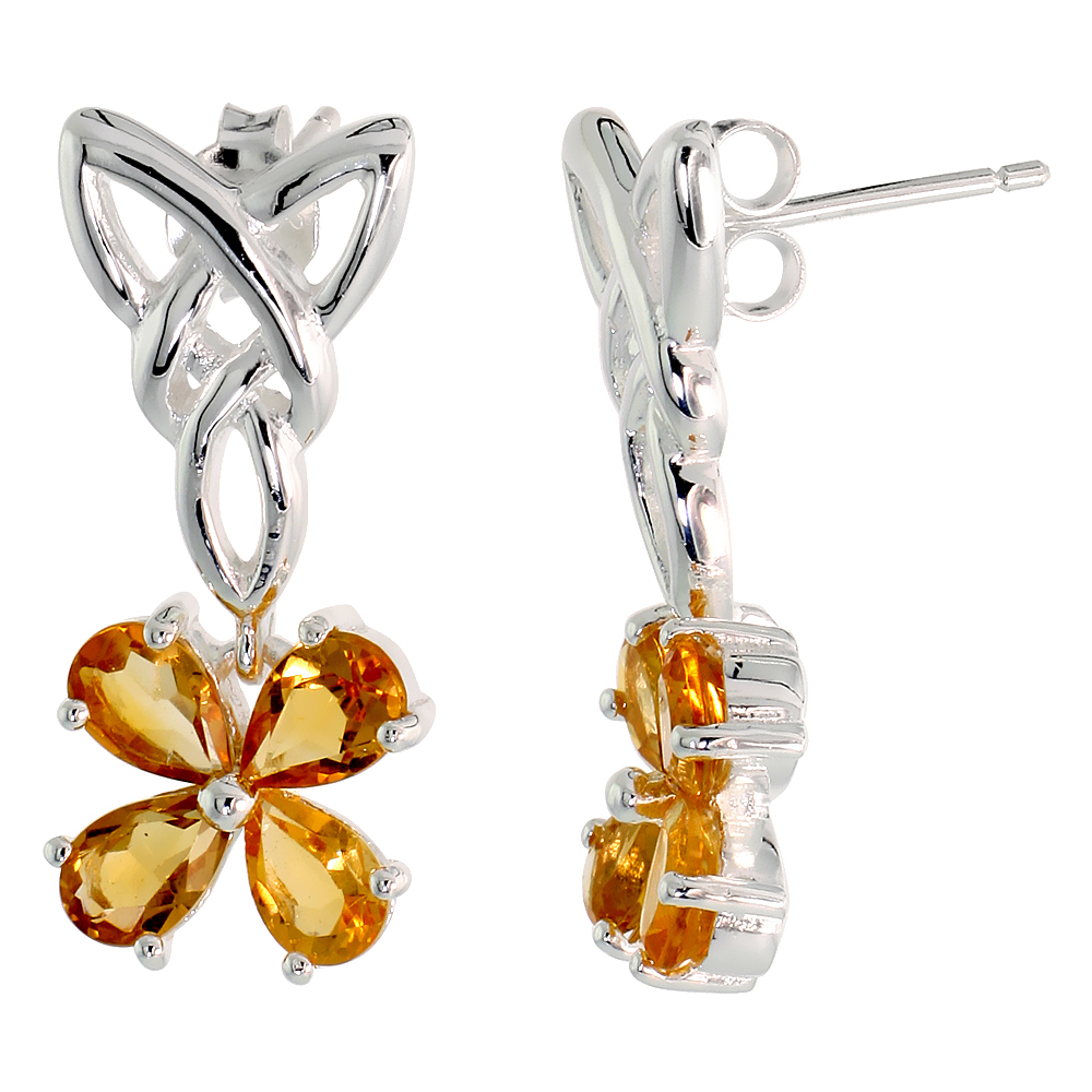 STERLING SILVER GENUINE CITRINE TRIQUETRA EARRINGS CELTIC TRINITY KNOT 4 LEAF CLOVER, 1 INCH