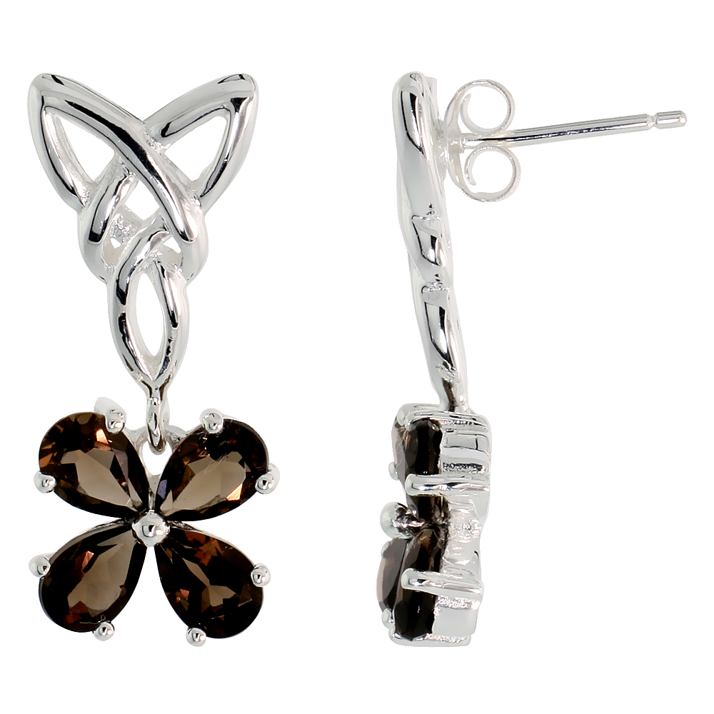STERLING SILVER GENUINE SMOKY TOPAZ TRIQUETRA EARRINGS CELTIC TRINITY KNOT 4 LEAF CLOVER, 1 INCH