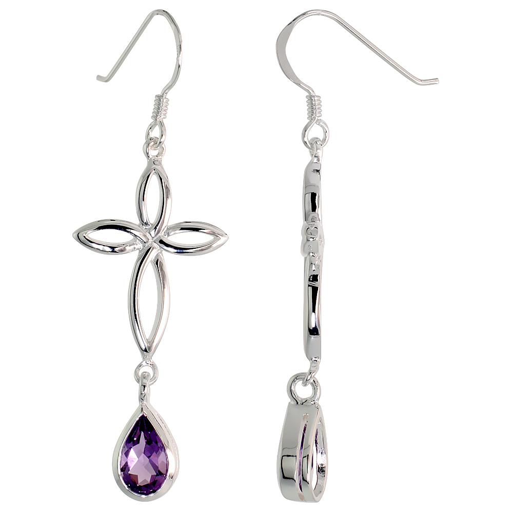 STERLING SILVER GENUINE AMETHYST CELTIC CROSS KNOT EARRINGS TEARDROP, 2 INCH