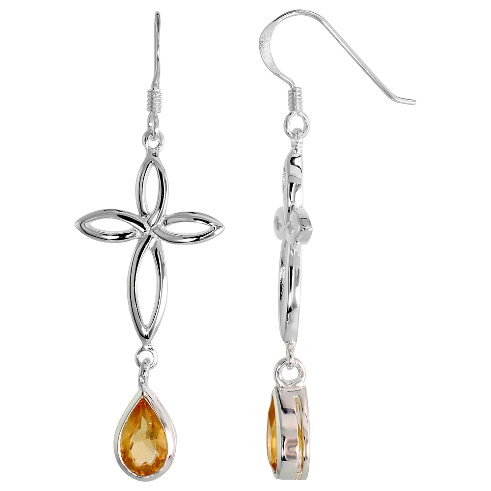 STERLING SILVER GENUINE CITRINE CELTIC CROSS KNOT EARRINGS TEARDROP, 2 INCH