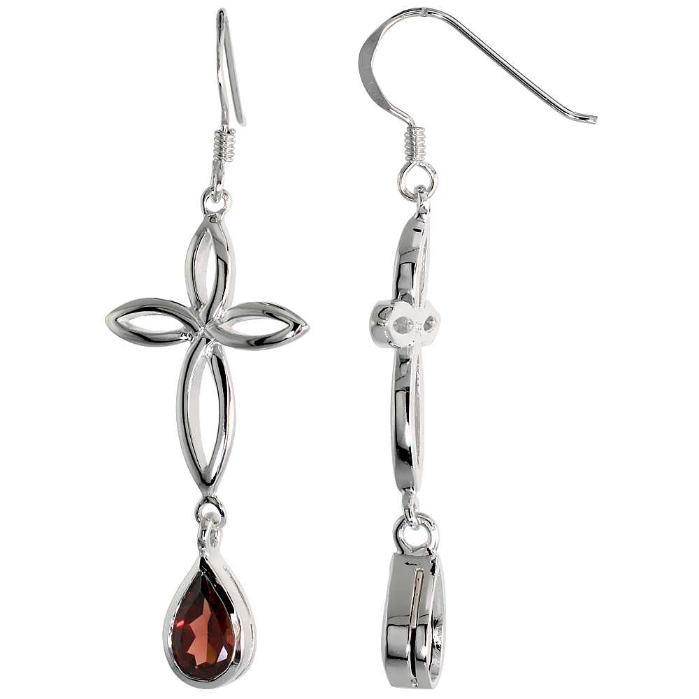 STERLING SILVER GENUINE GARNET CELTIC CROSS KNOT EARRINGS TEARDROP, 2 INCH