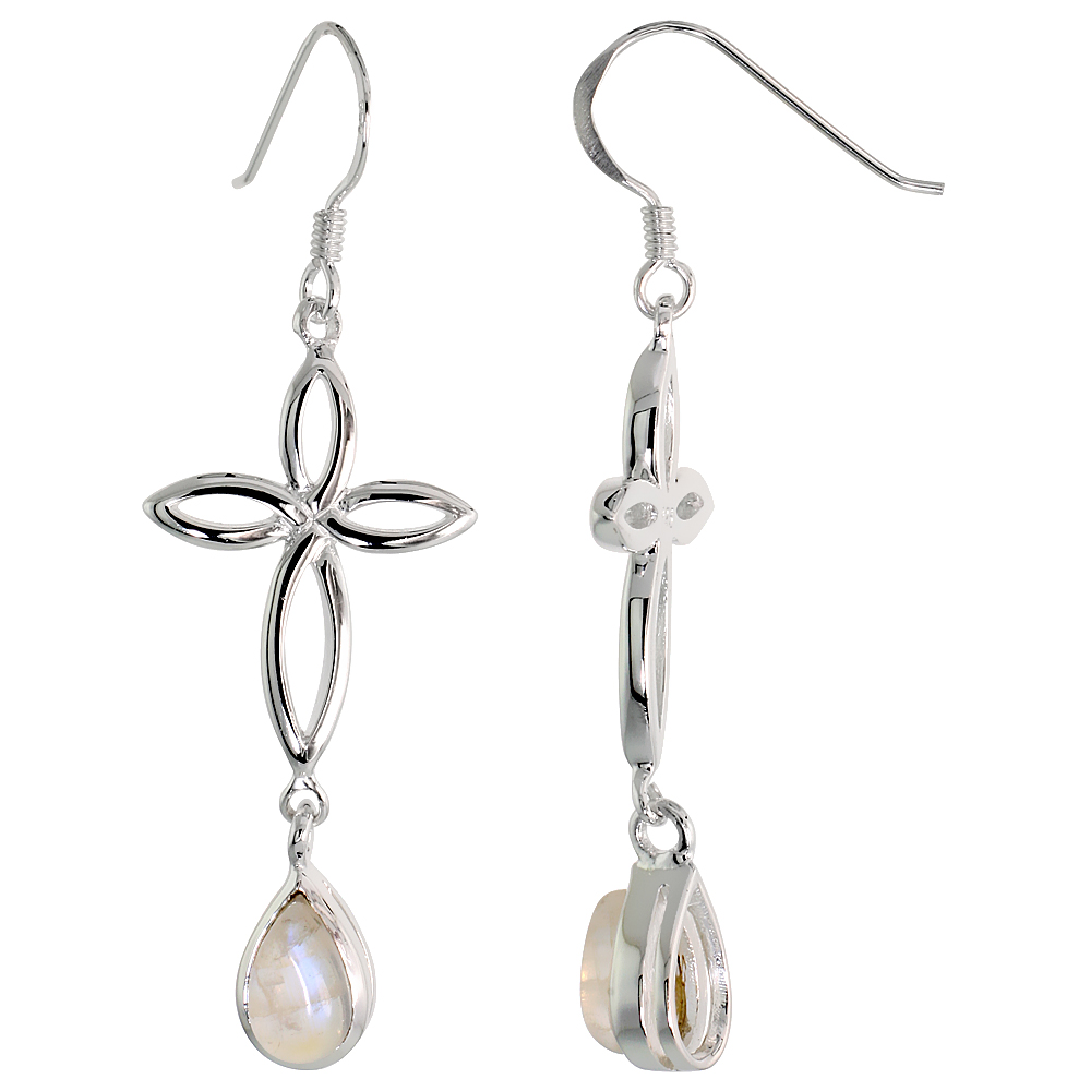 STERLING SILVER GENUINE MOONSTONE CELTIC CROSS KNOT EARRINGS TEARDROP, 2 INCH