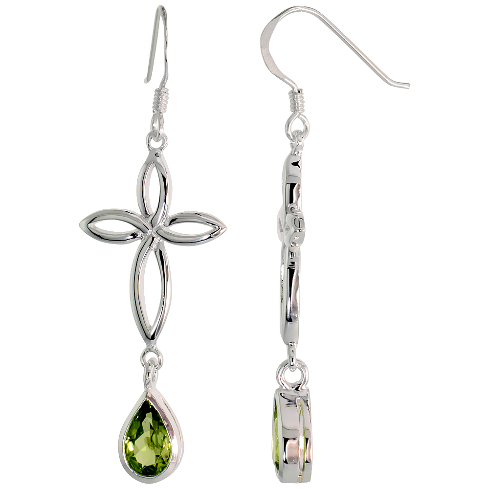 STERLING SILVER GENUINE PERIDOT CELTIC CROSS KNOT EARRINGS TEARDROP, 2 INCH