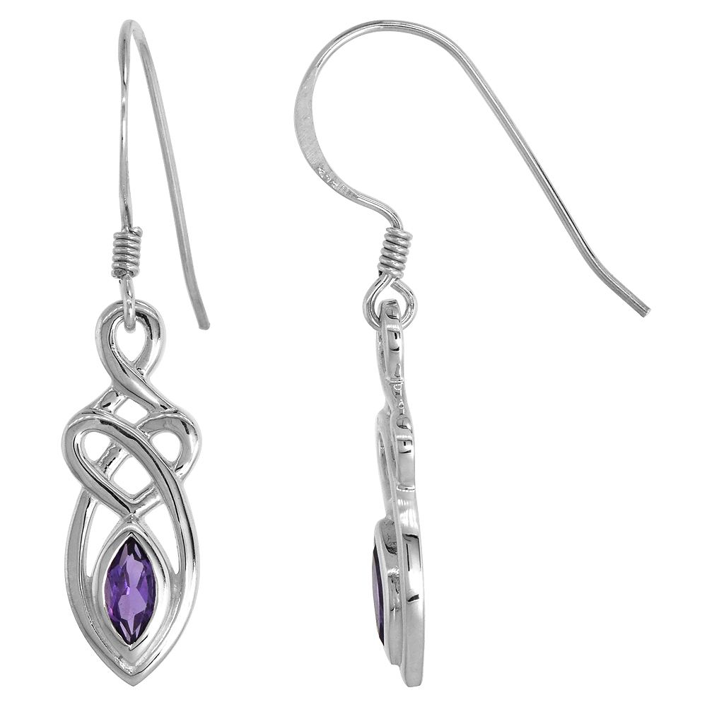 STERLING SILVER GENUINE AMETHYST CELTIC MOTHERHOOD KNOT EARRINGS, 1 1/4 INCH