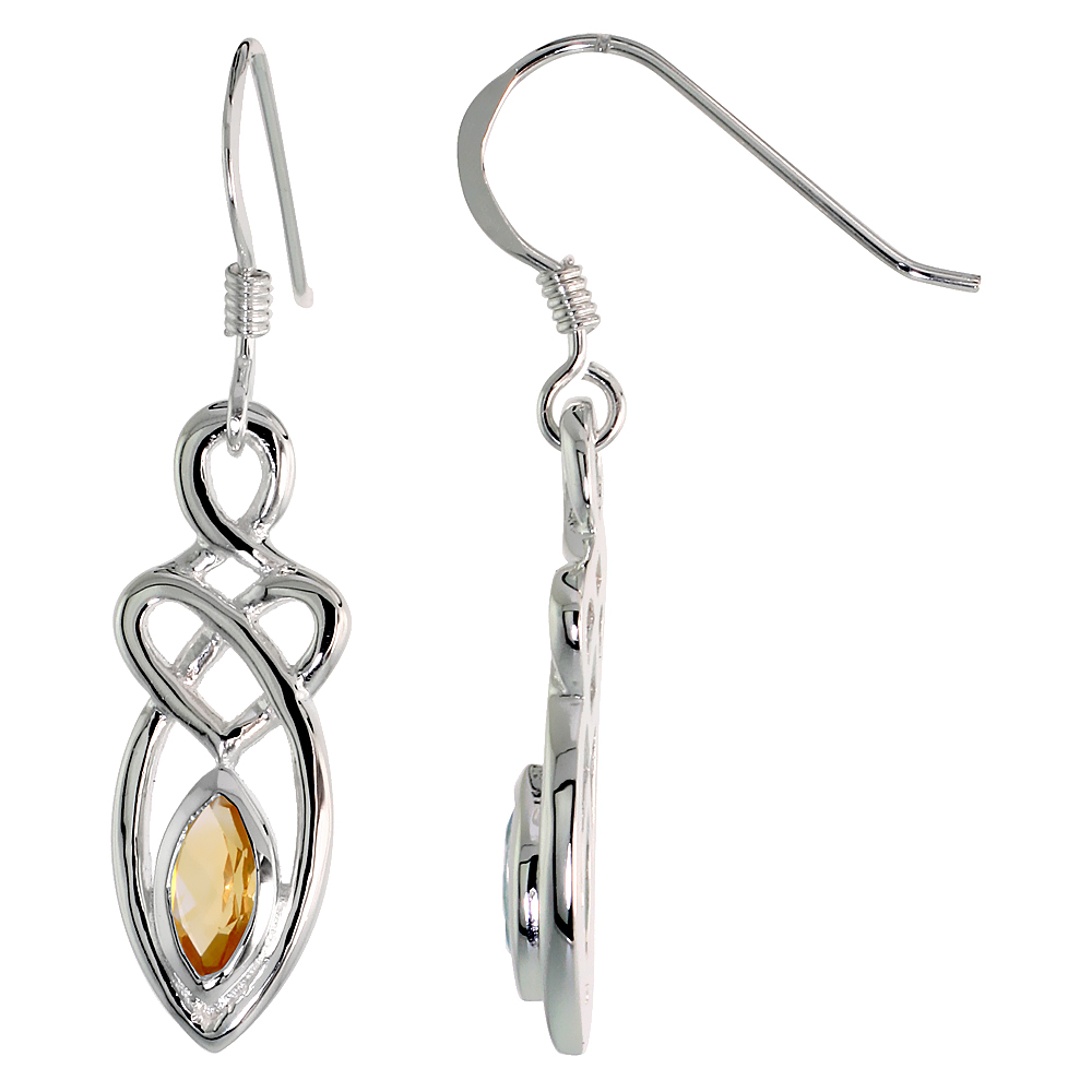 STERLING SILVER GENUINE CITRINE CELTIC MOTHERHOOD KNOT EARRINGS, 1 1/4 INCH